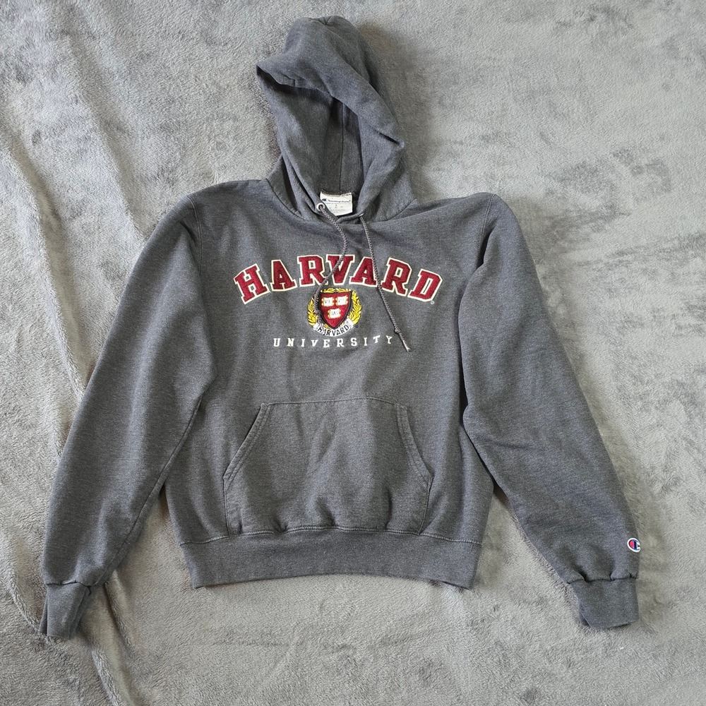 Champion Harvard University Hoodie Gray Embroidered Sweatshirt Womens Small